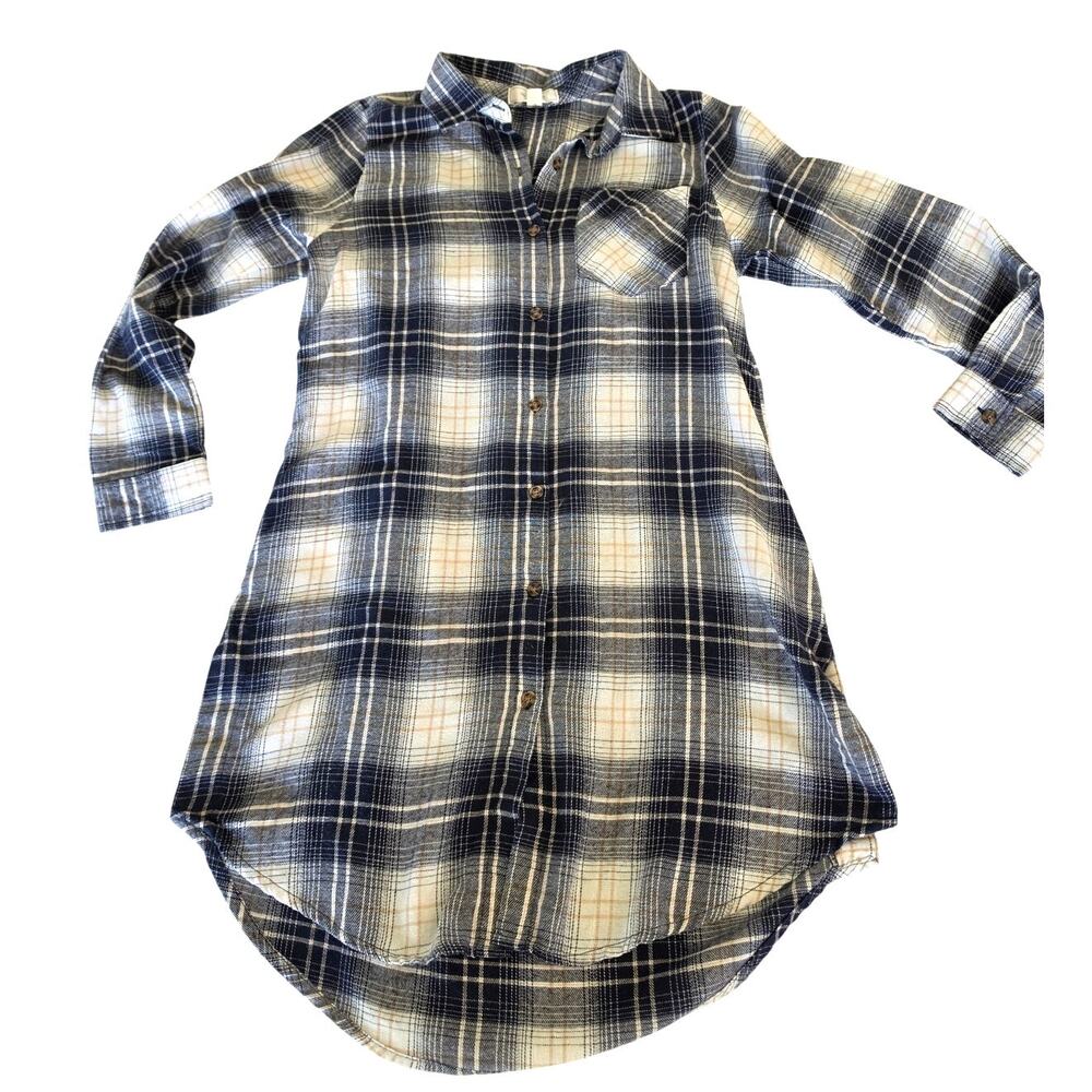 Women's Casual Blue Plaid Flannel Midi Dress / tunic top/ size L